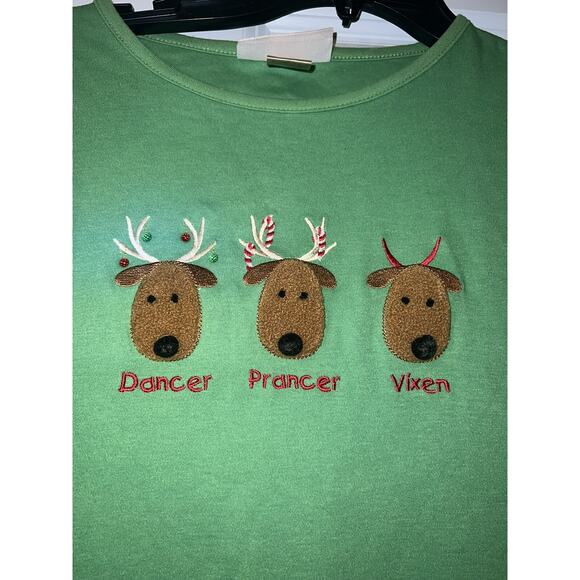 M&C sportswear green reindeer themed long sleeve shirt 3D fuzzy embroidered LG - Picture 2 of 4